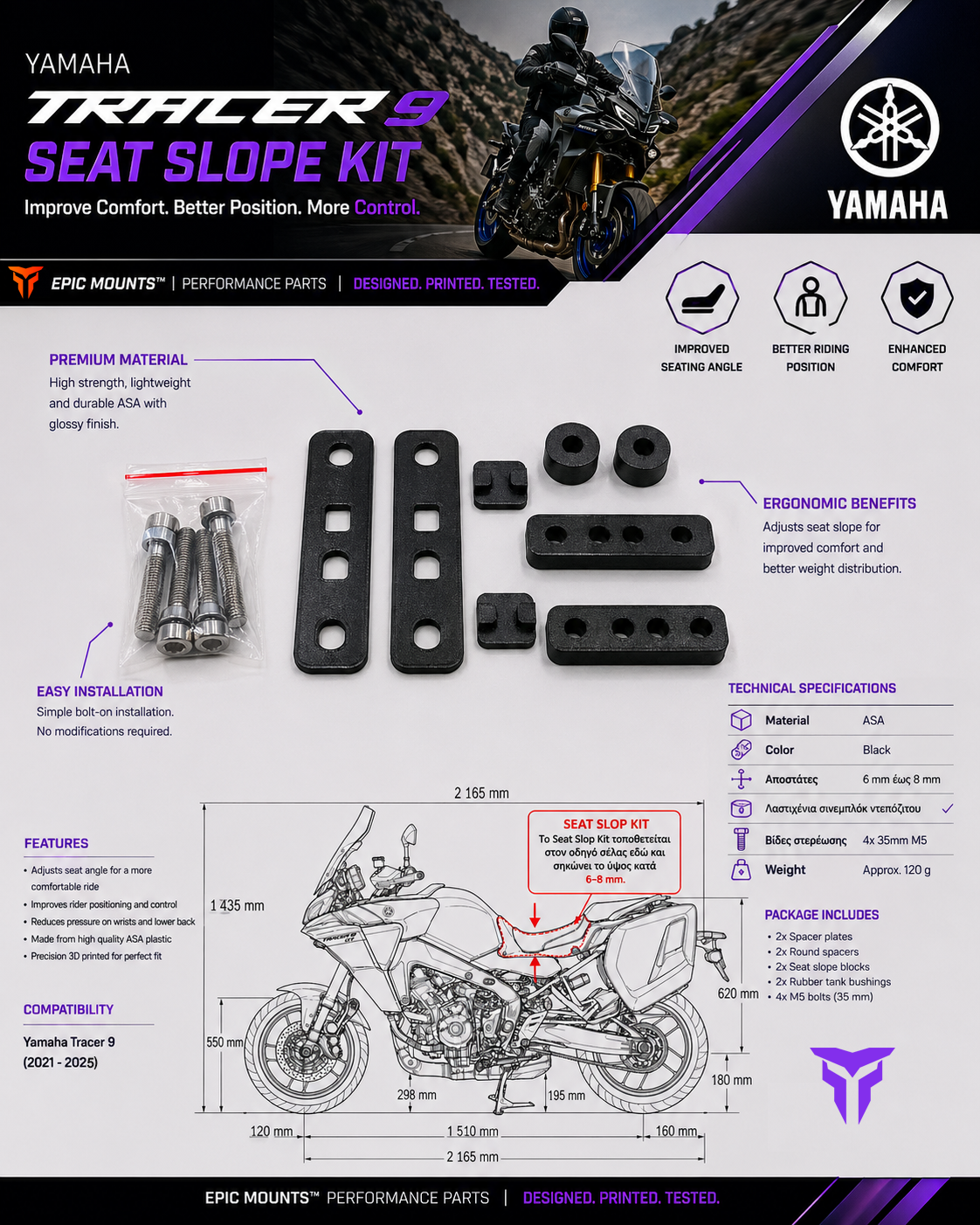 Custom 3D printed κιτ ανύψωσης σέλας για Yamaha Tracer 9 (2021–2025)